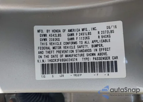2016 Honda Accord Exl from USA, damaged, VIN 1HGCR3F89GA034574